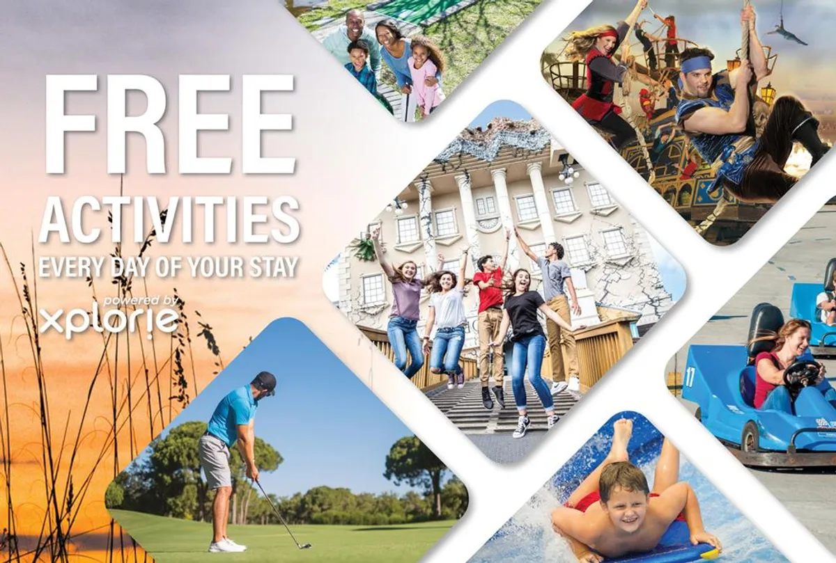 A vibrant collage-style interior image featuring families enjoying a range of activities, including golfing, water sports, and themed attractions. The mood is joyful and adventurous, with multiple generations pictured engaging in fun and exploration.